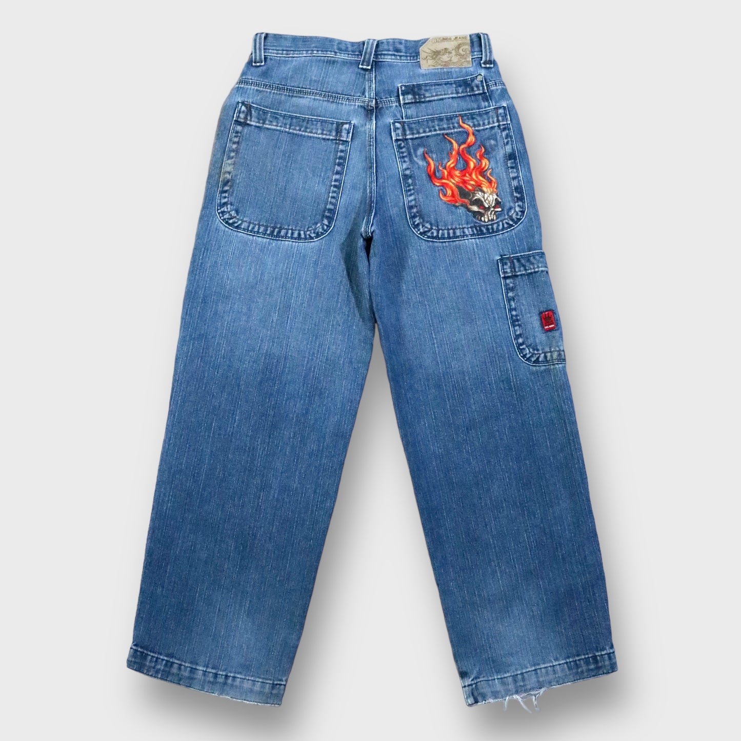 "JNCO JEANS" Flame skull embroidery denim pants