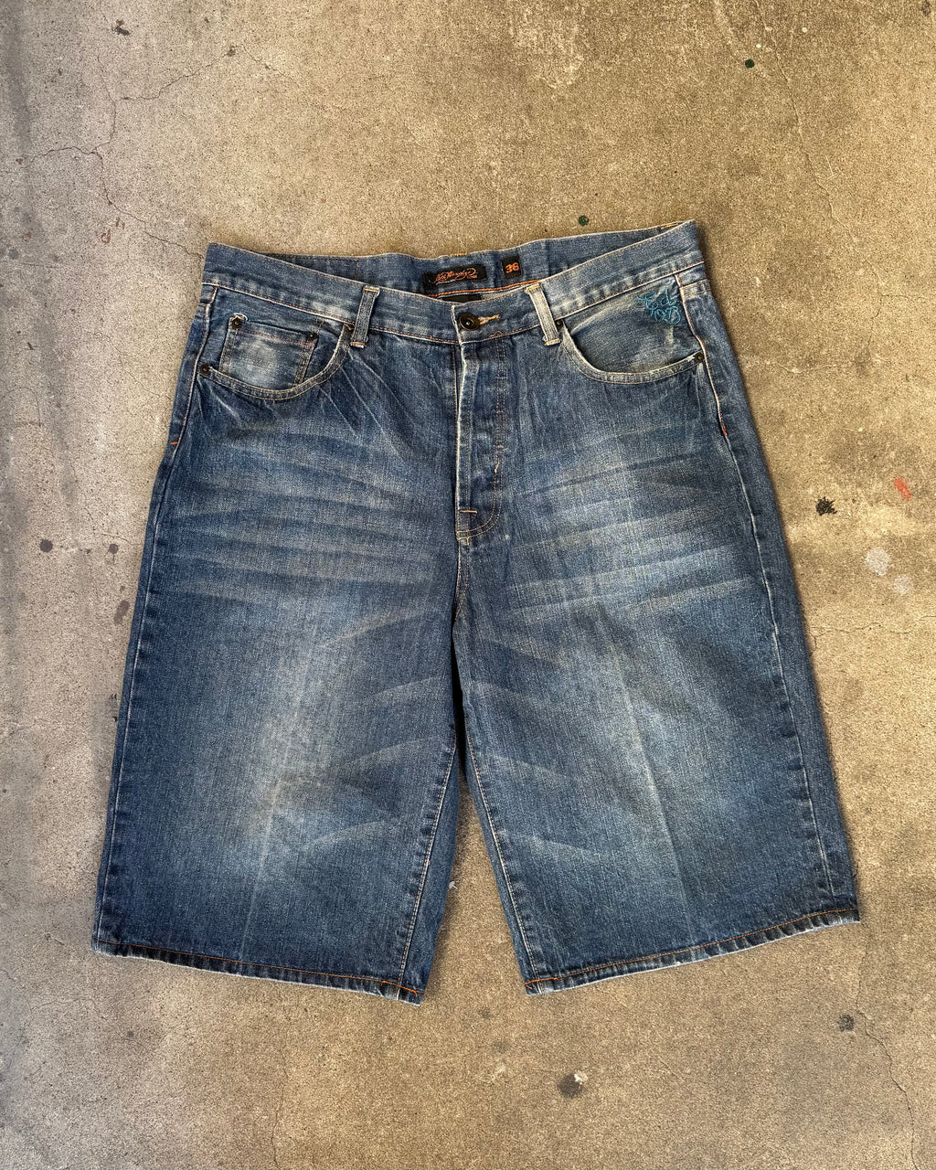 90-00’s “Ed Hardy” embroidery buggy short denim