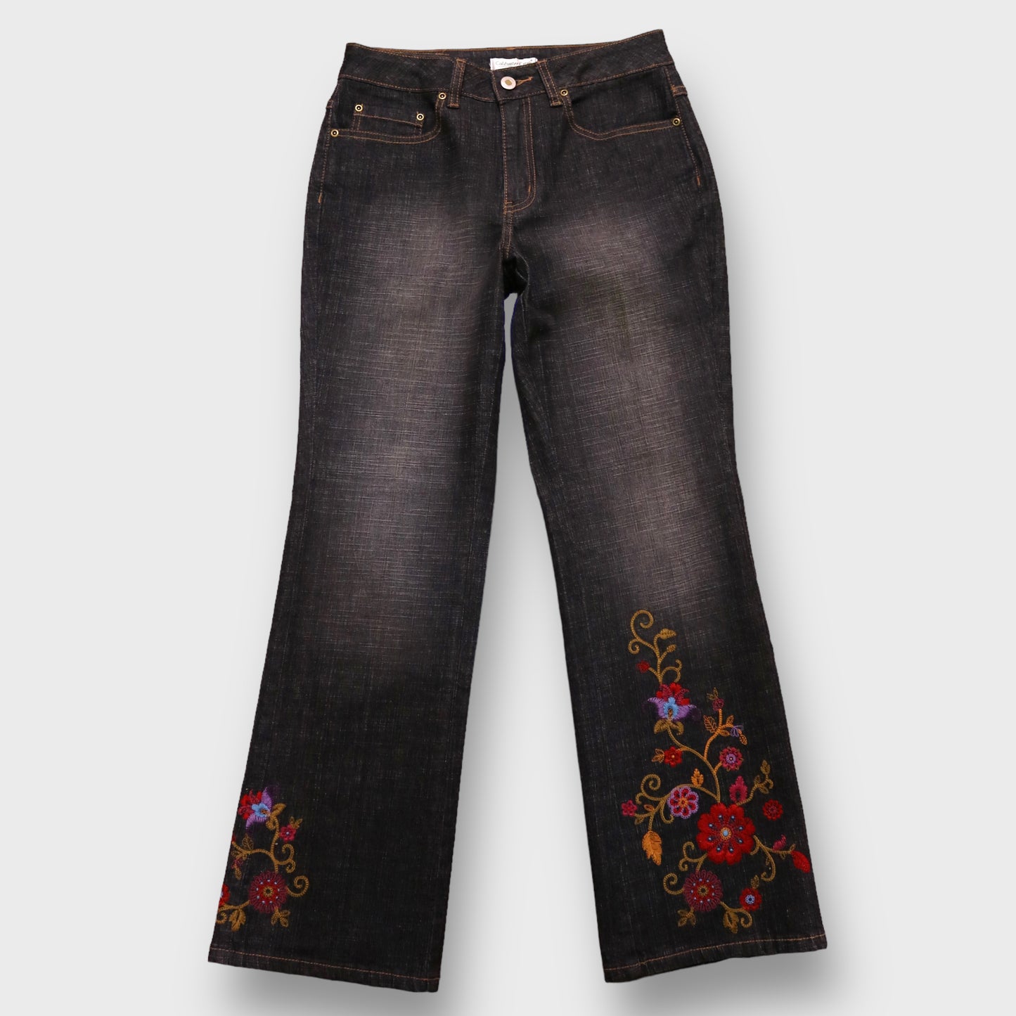 90's "Coldwater Creek" Flower embroidery black flare denim pants