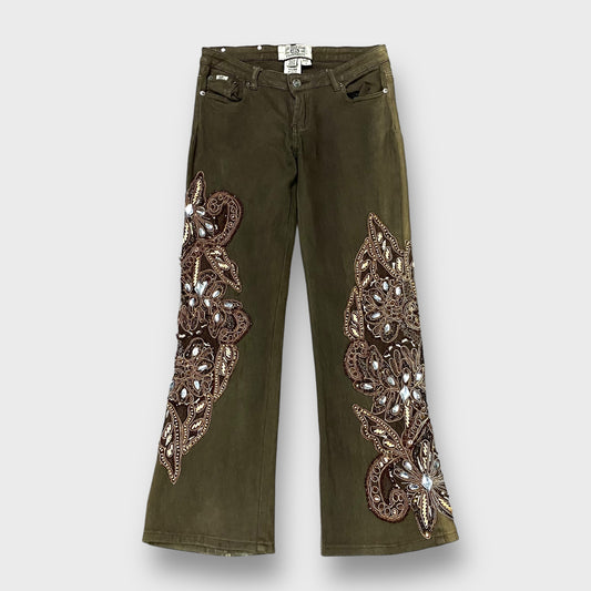 Embroidery flare denim pants