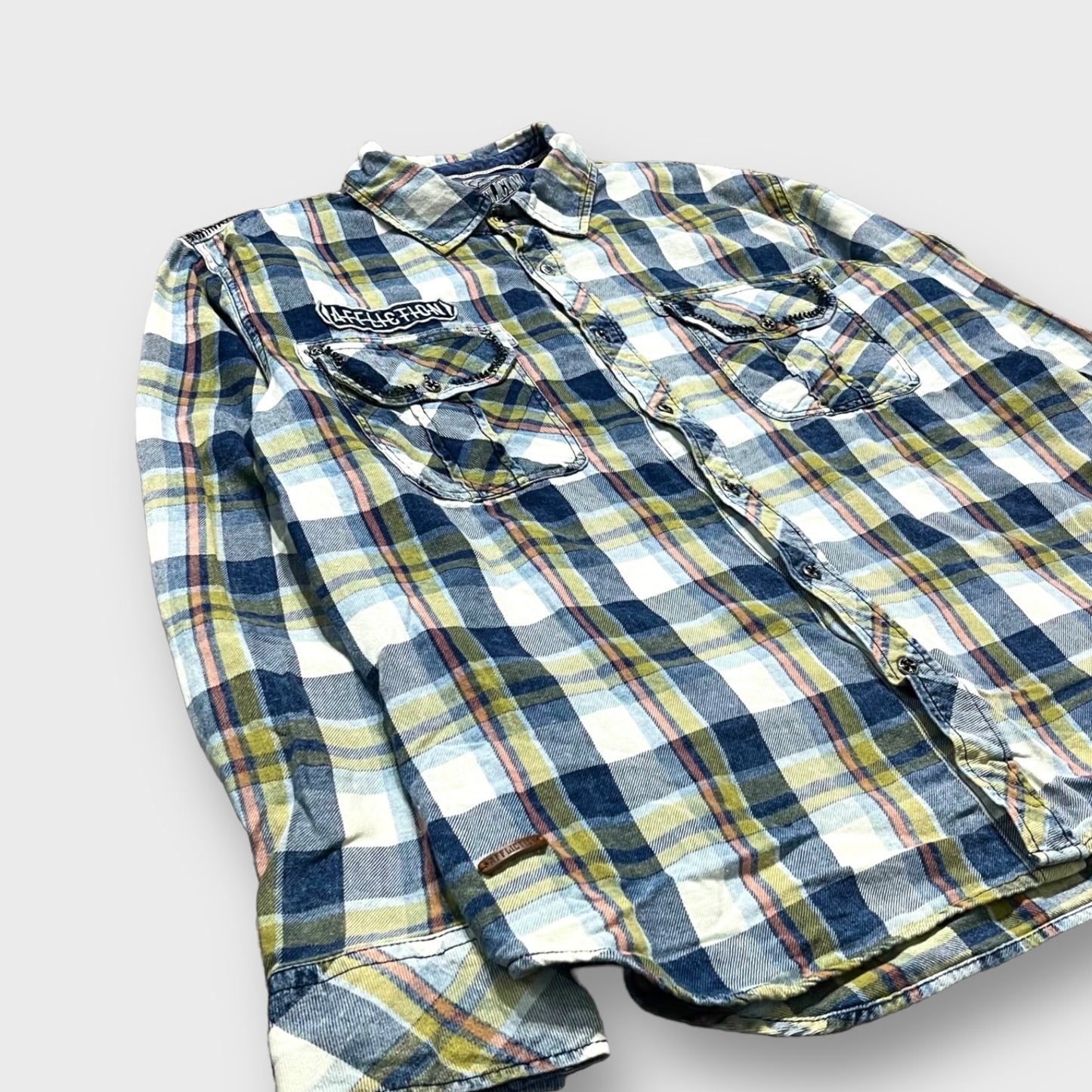 "AFFLICTION" Embroidery plaid pattern shirt