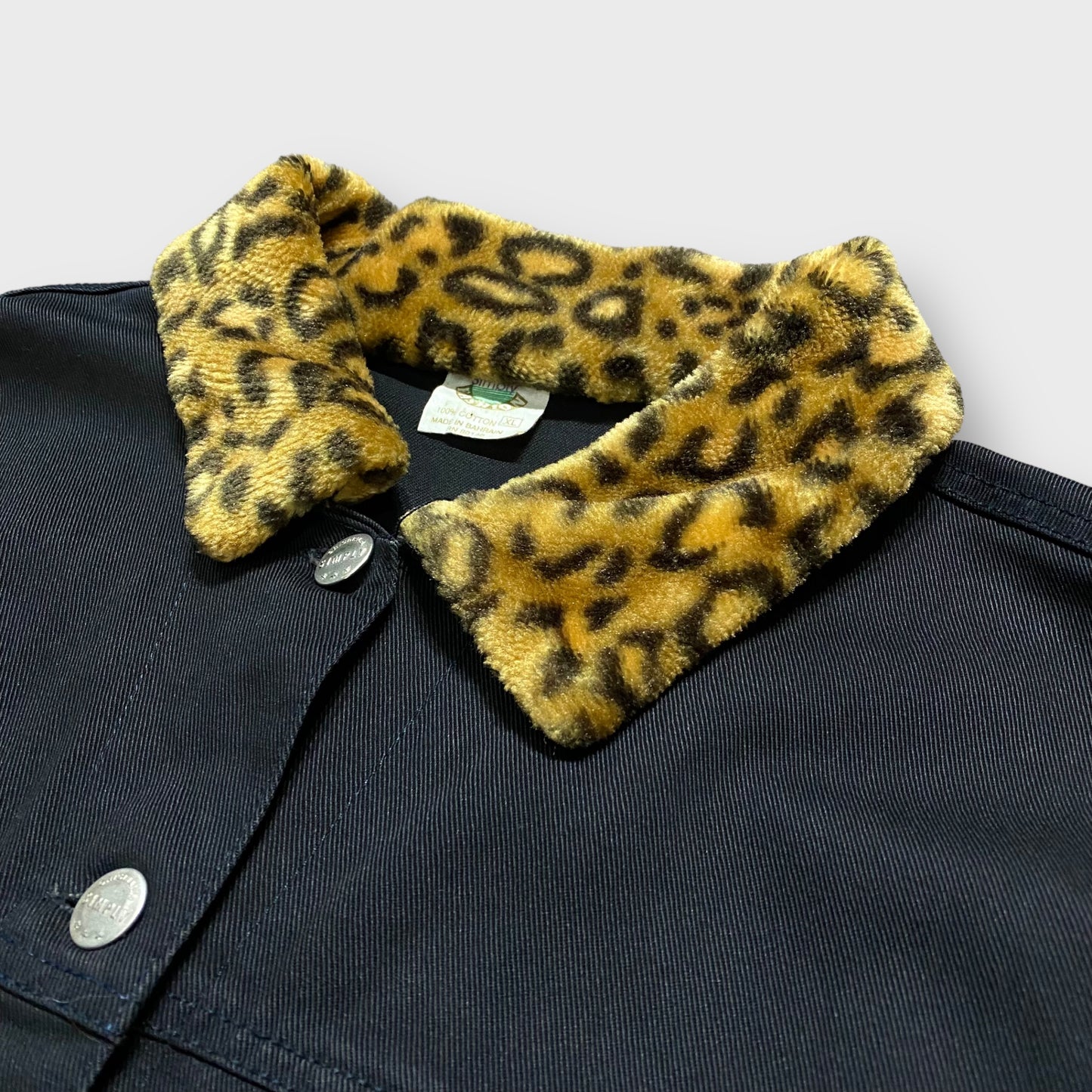 Leopard collar black denim jacket