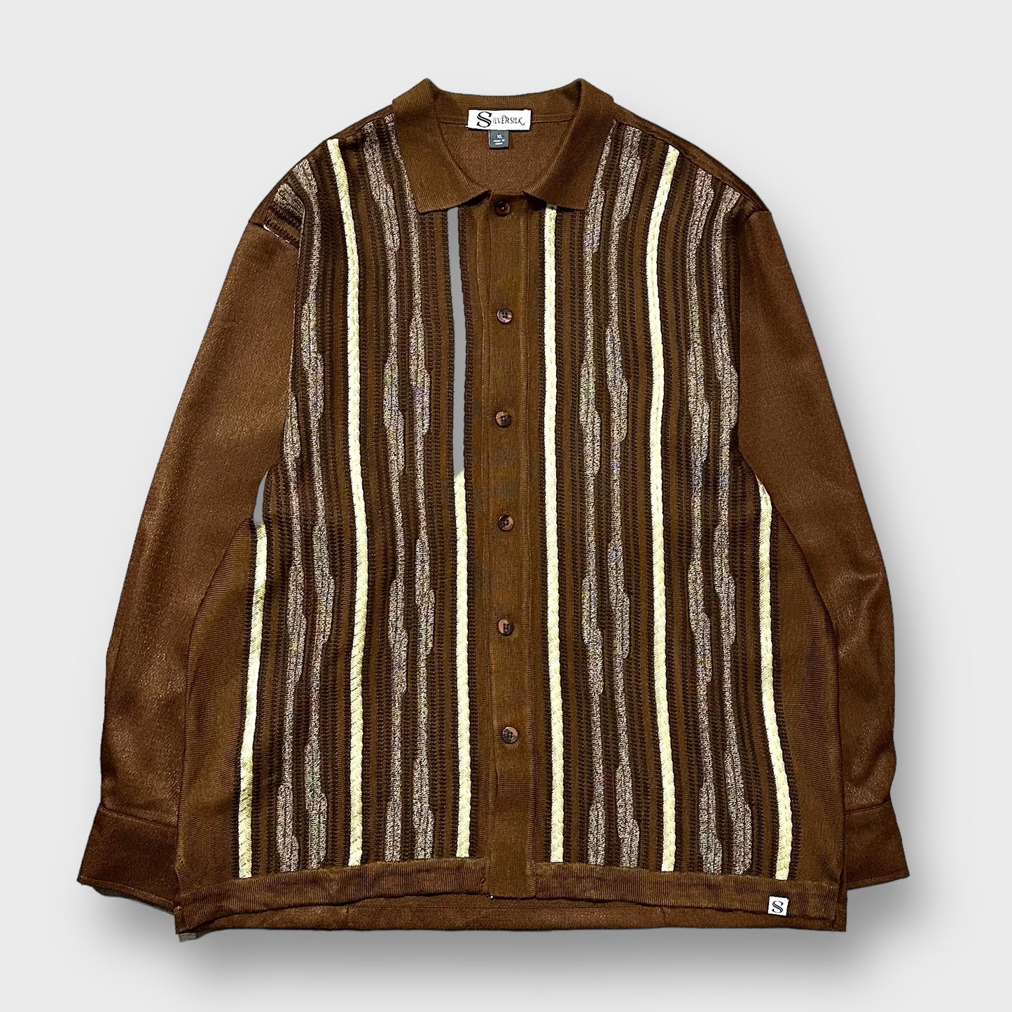 Stripe pattern full open knit polo shirt