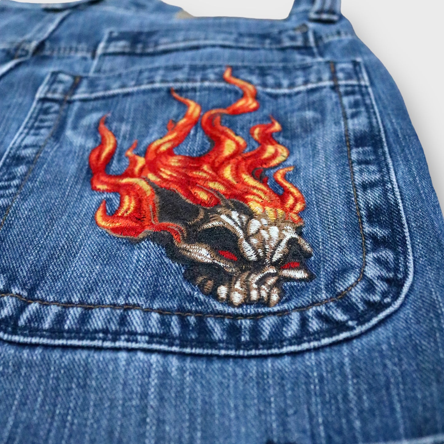 "JNCO JEANS" Flame skull embroidery denim pants