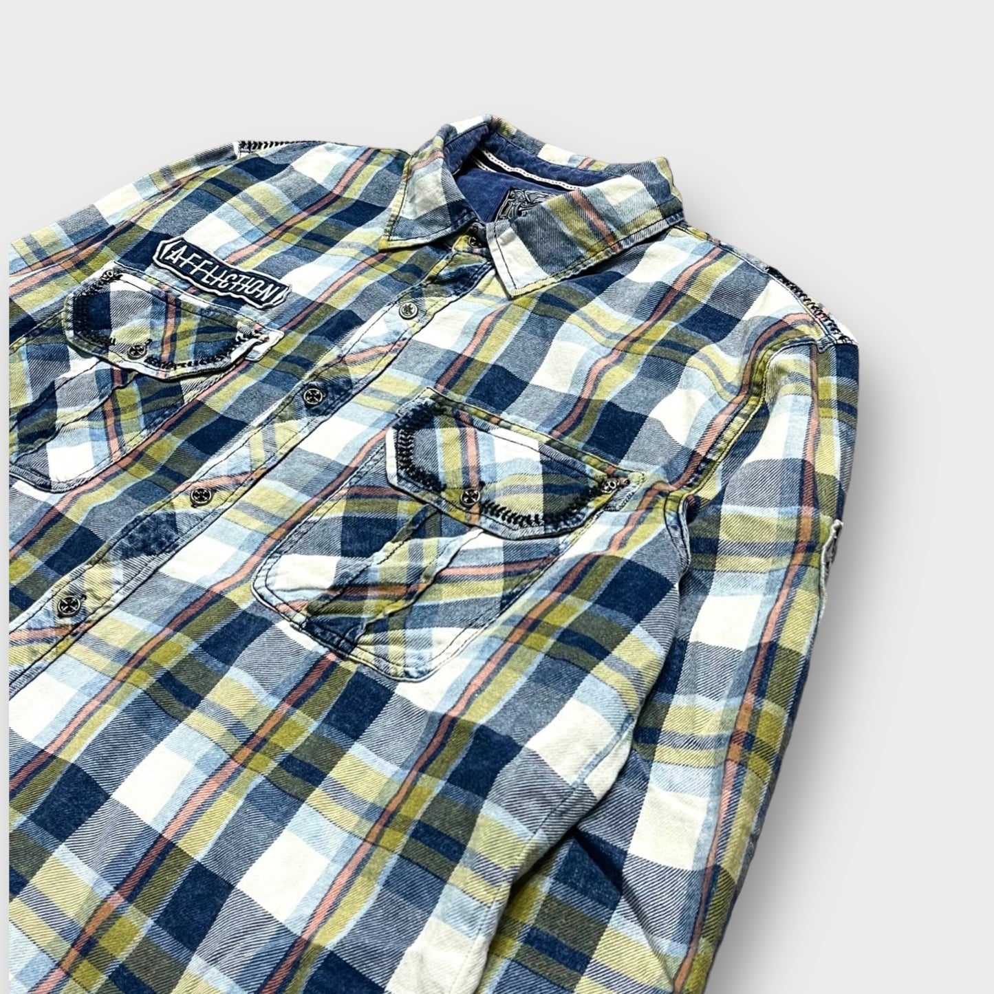 "AFFLICTION" Embroidery plaid pattern shirt