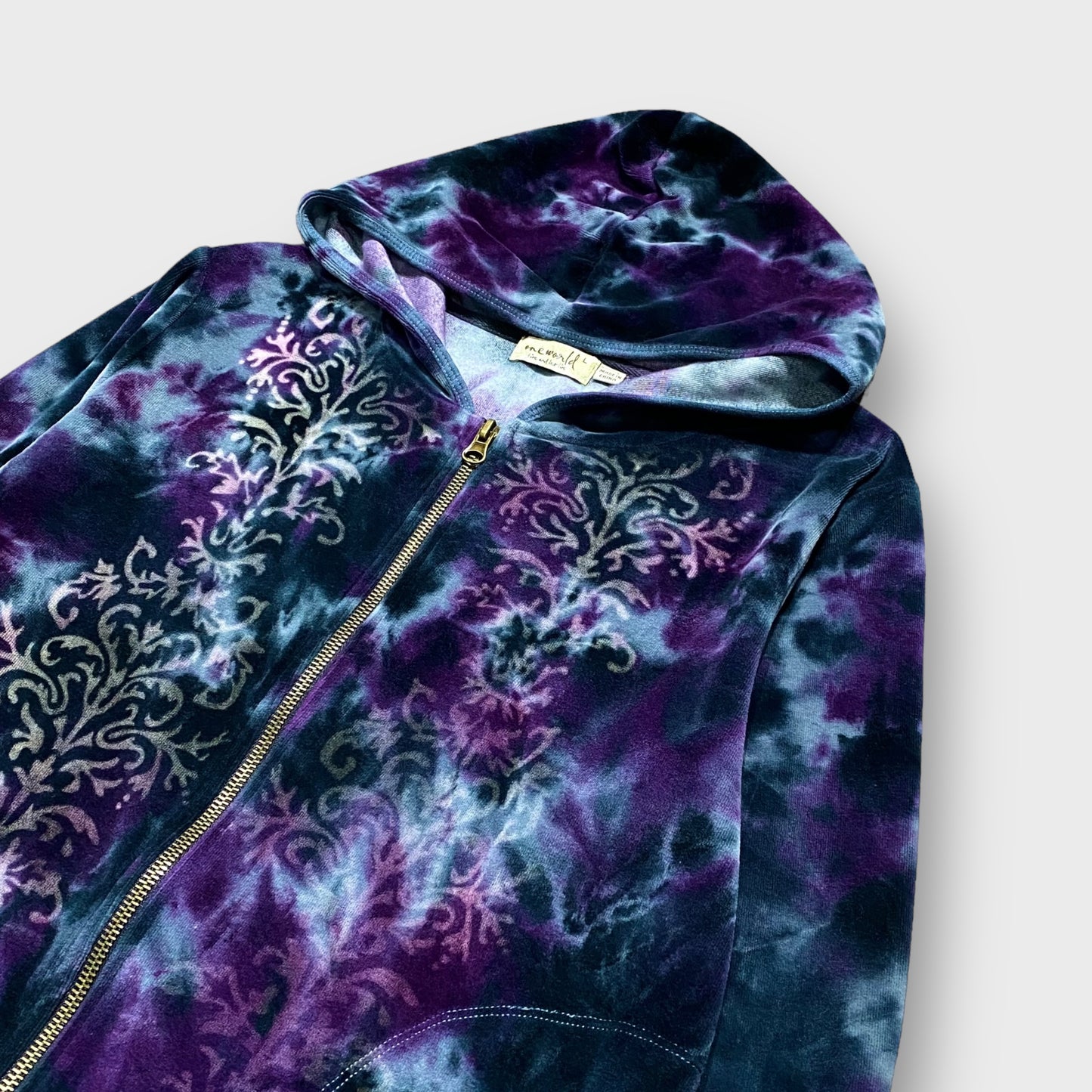 Ornament pattern double zip velour hoodie