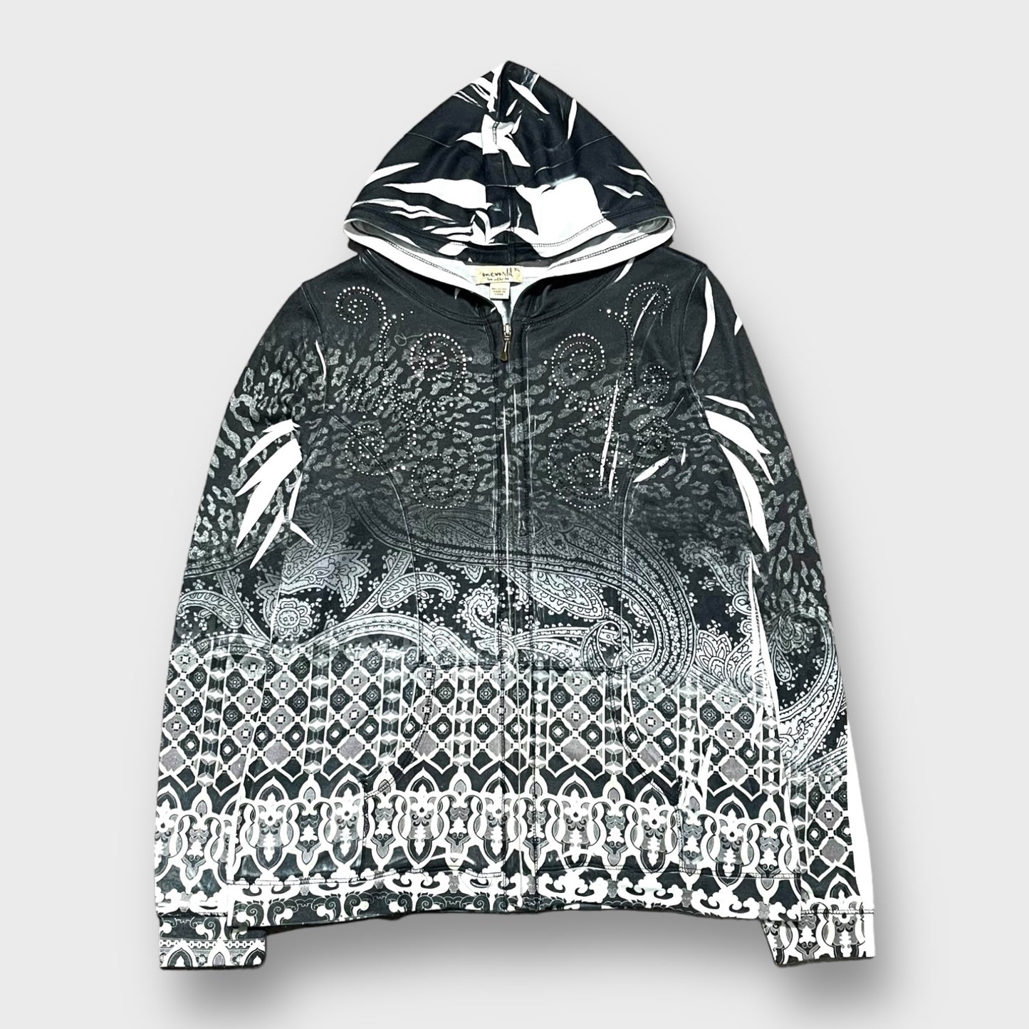 "one wolrd" Rhinestone design full zip hoodie