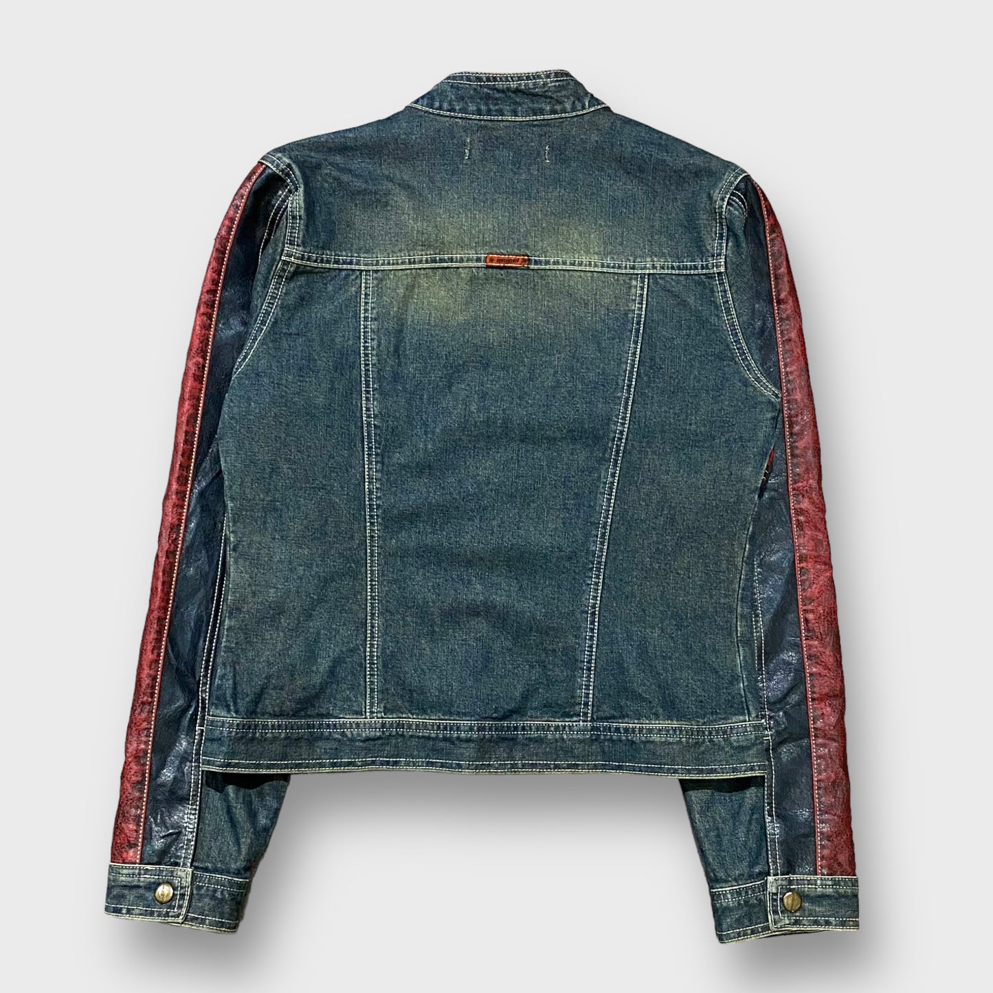 Leather switching short length fade denim jacket