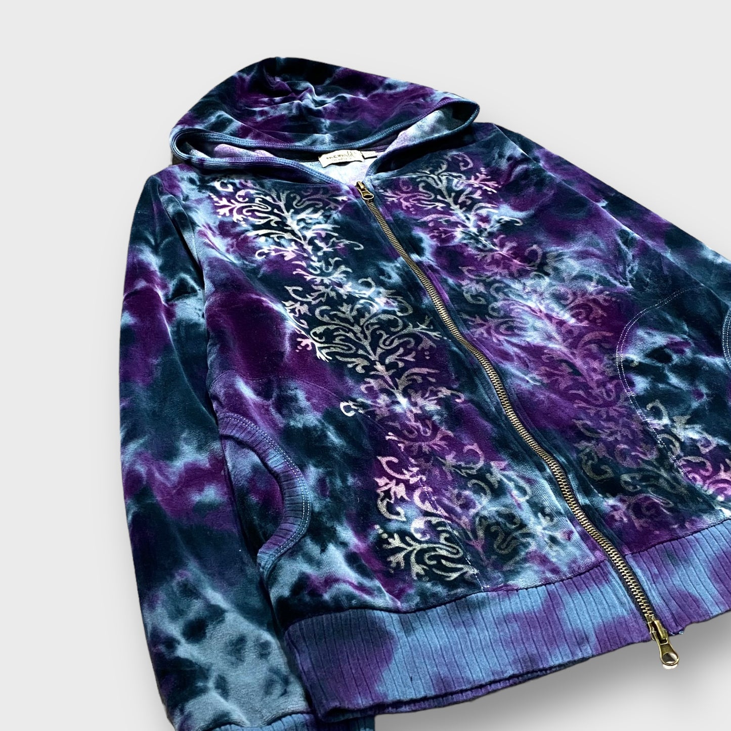Ornament pattern double zip velour hoodie