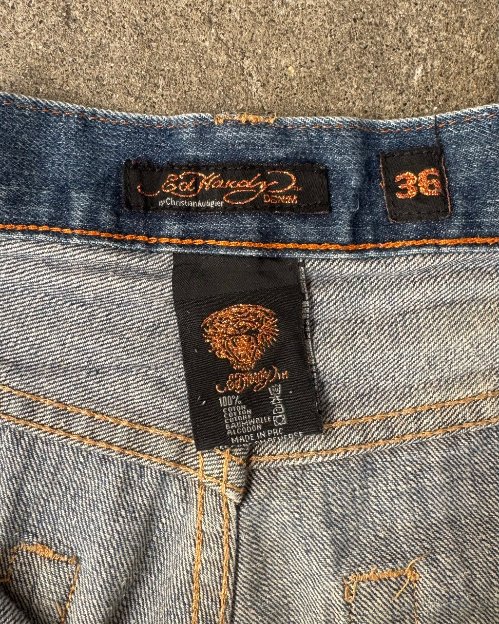 90-00’s “Ed Hardy” embroidery buggy short denim